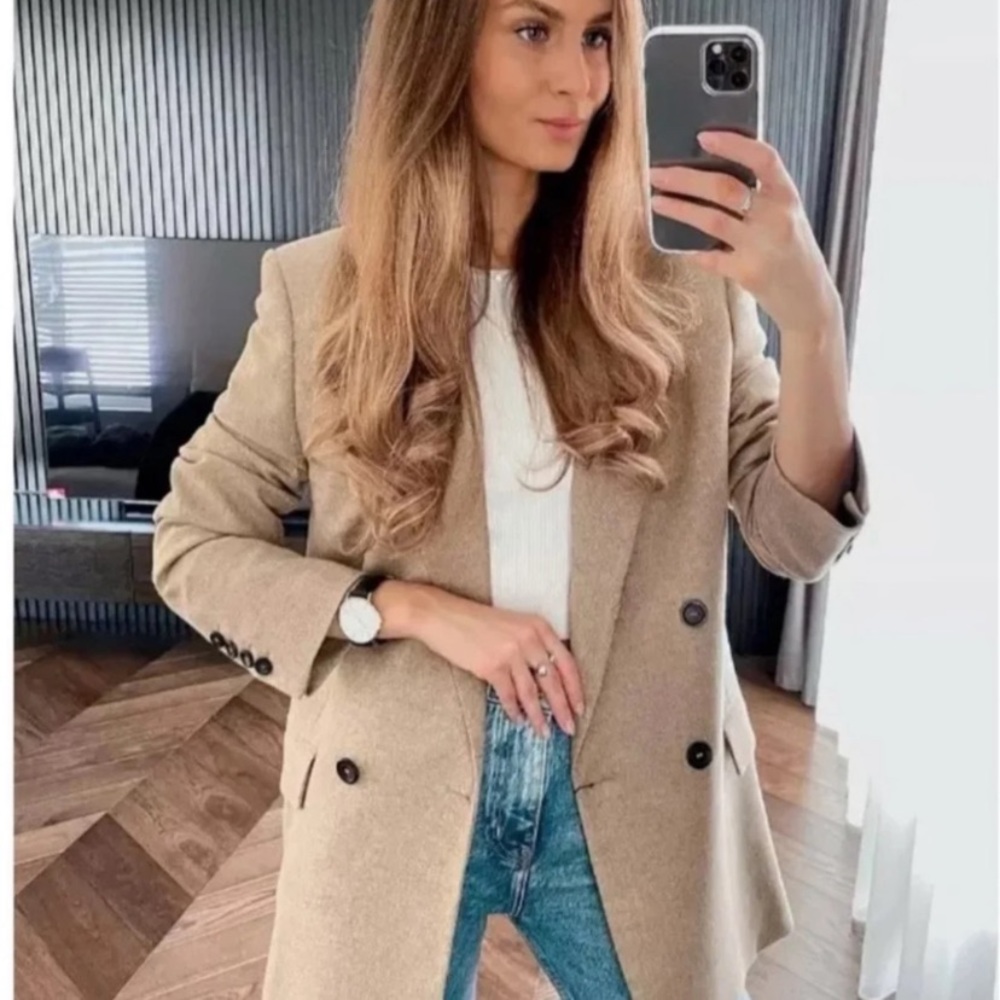 Zara Tan Double-Breasted Blazer